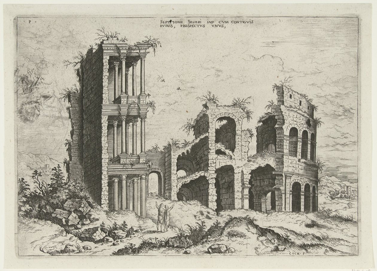Udsigt over Septizonium og Colosseum i Rom Septizonii Severi Imp (...) (titel på objekt) Romerske ruiner (serietitel) af Hieronymus Cock