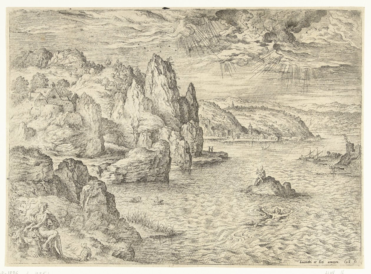 Hero og Leander Landskaber med bibelske og mytologiske scener (serietitel) af Hieronymus Cock