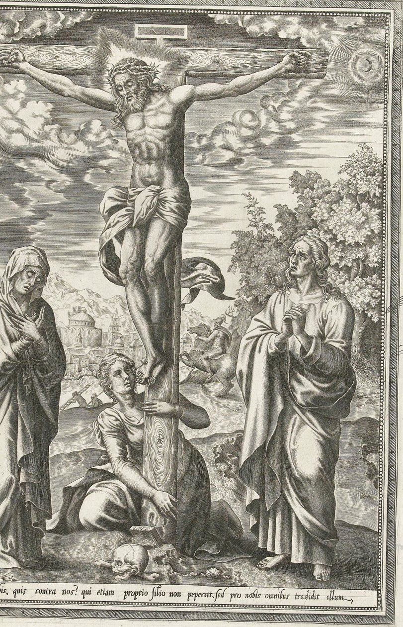 Korsfæstelse med Maria, Johannes Døberen og Maria Magdalene af Hieronymus Cock