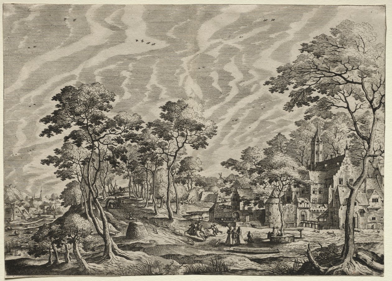 Landskab med et slot til højre, 1630. af Hieronymus Cock