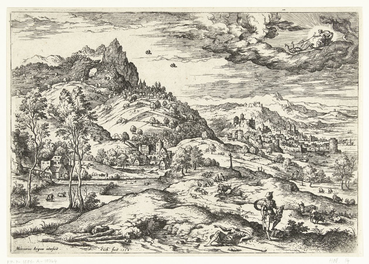 Merkur med hovedet af Argus Landskaber med bibelske og mytologiske scener (serietitel) af Hieronymus Cock