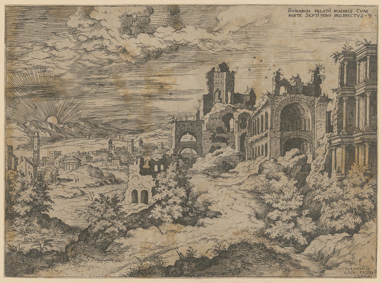 Ruinerne af Palatin med panoramaudsigt over landskabet, blad 3 i serien »Praecipua aliquot Romanae Antiquitatis Ruinarum Monimenta [...]« af Hieronymus Cock