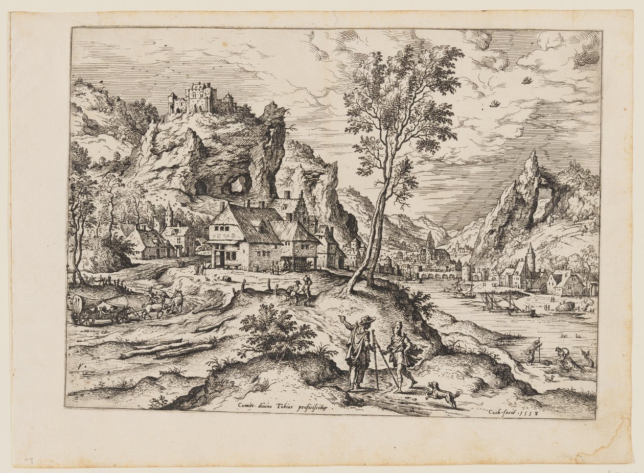 Tobias med englen og hunden, fra Landskaber med bibelske og mytologiske scener af Hieronymus Cock