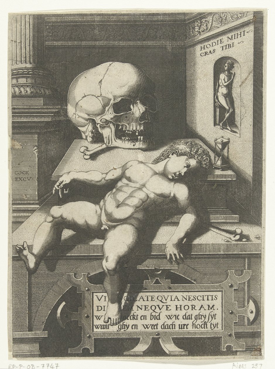 Vanitas-forestilling med barn og kranium (Hodi mihi kras tibi / Today I, tomorrow du) af Hieronymus Cock