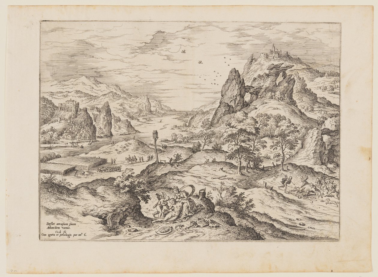Venus og Adonis, fra Landskaber med bibelske og mytologiske scener af Hieronymus Cock