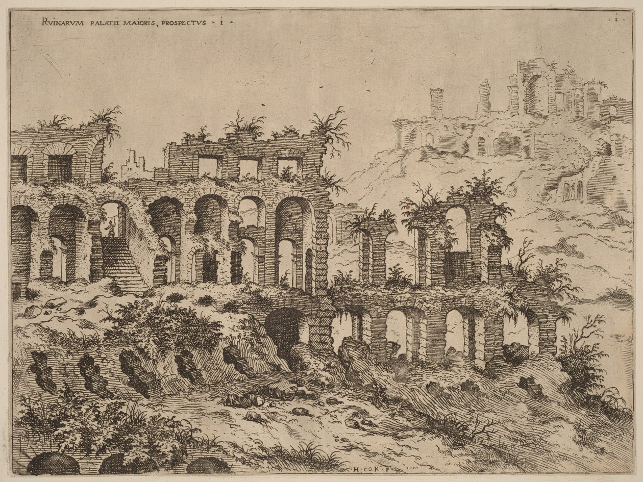 Udsigt over Colosseum med Palatinerhøjen i baggrunden af Hieronymus Cock