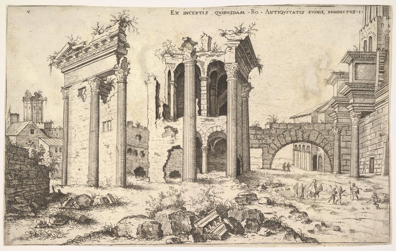 Udsigt over uidentificerede ruiner med skåret facade til venstre, arkader i midten og bue ved r..., 1551. af Hieronymus Cock