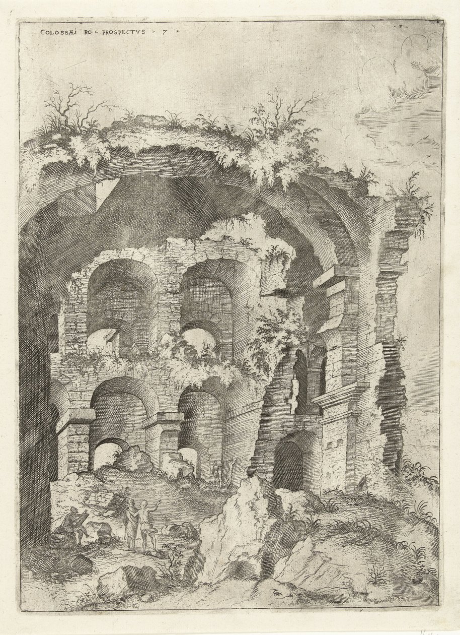 Syvende udsigt over Colosseum i Rom Colossi til prospekt vs 7 (titel på objekt) Romerske ruiner (serietitel) af Hieronymus Cock