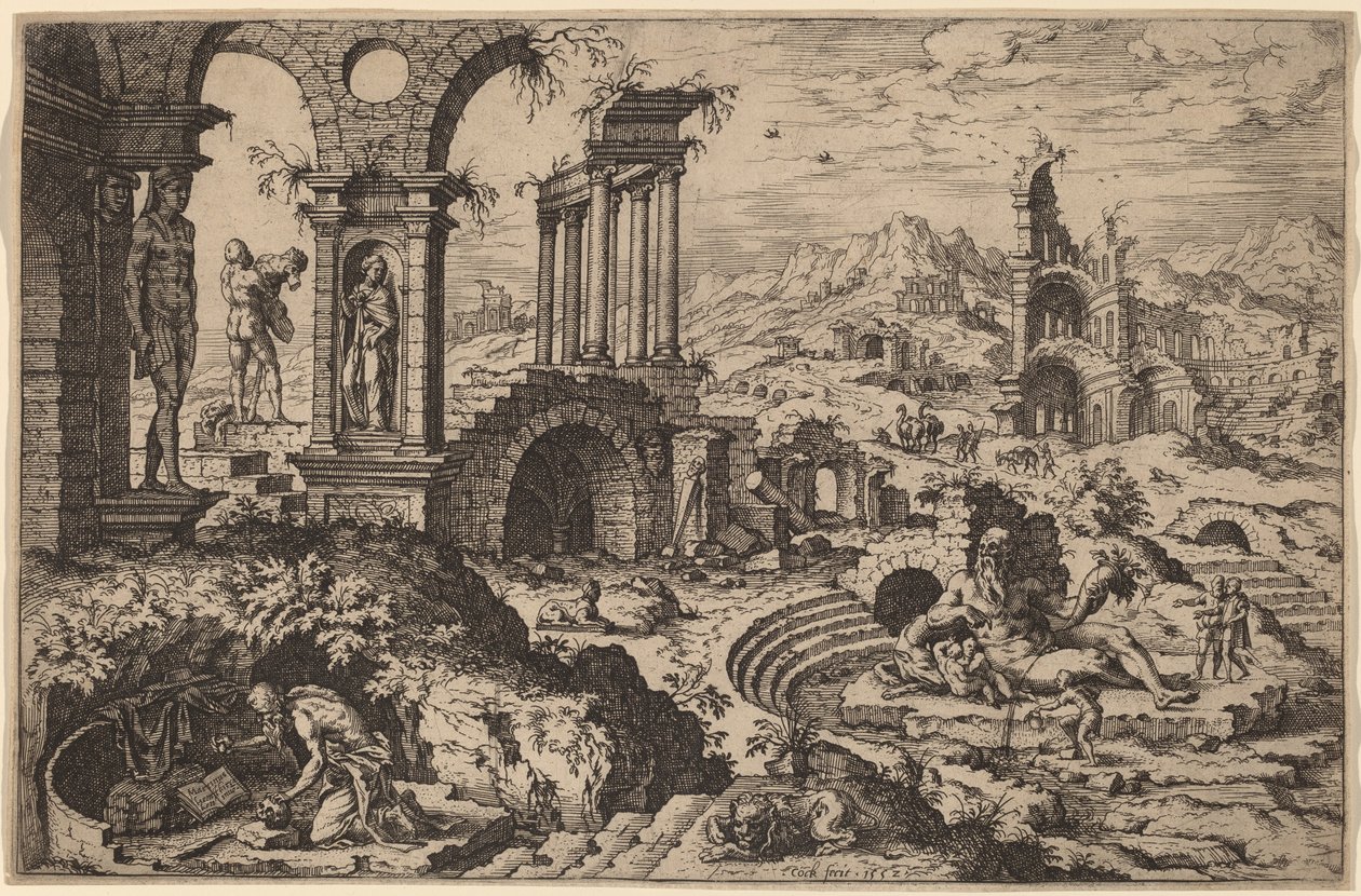 Sankt Hieronymus i et landskab med ruiner af Hieronymus Cock after Maerten van Heemskerck