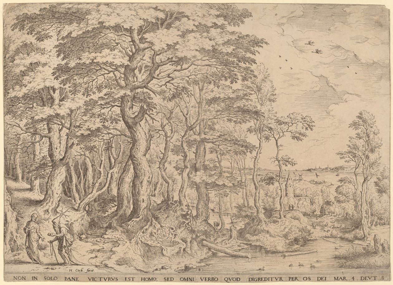 Landskab med Kristi fristelse af Hieronymus Cock after Pieter Bruegel the Elder