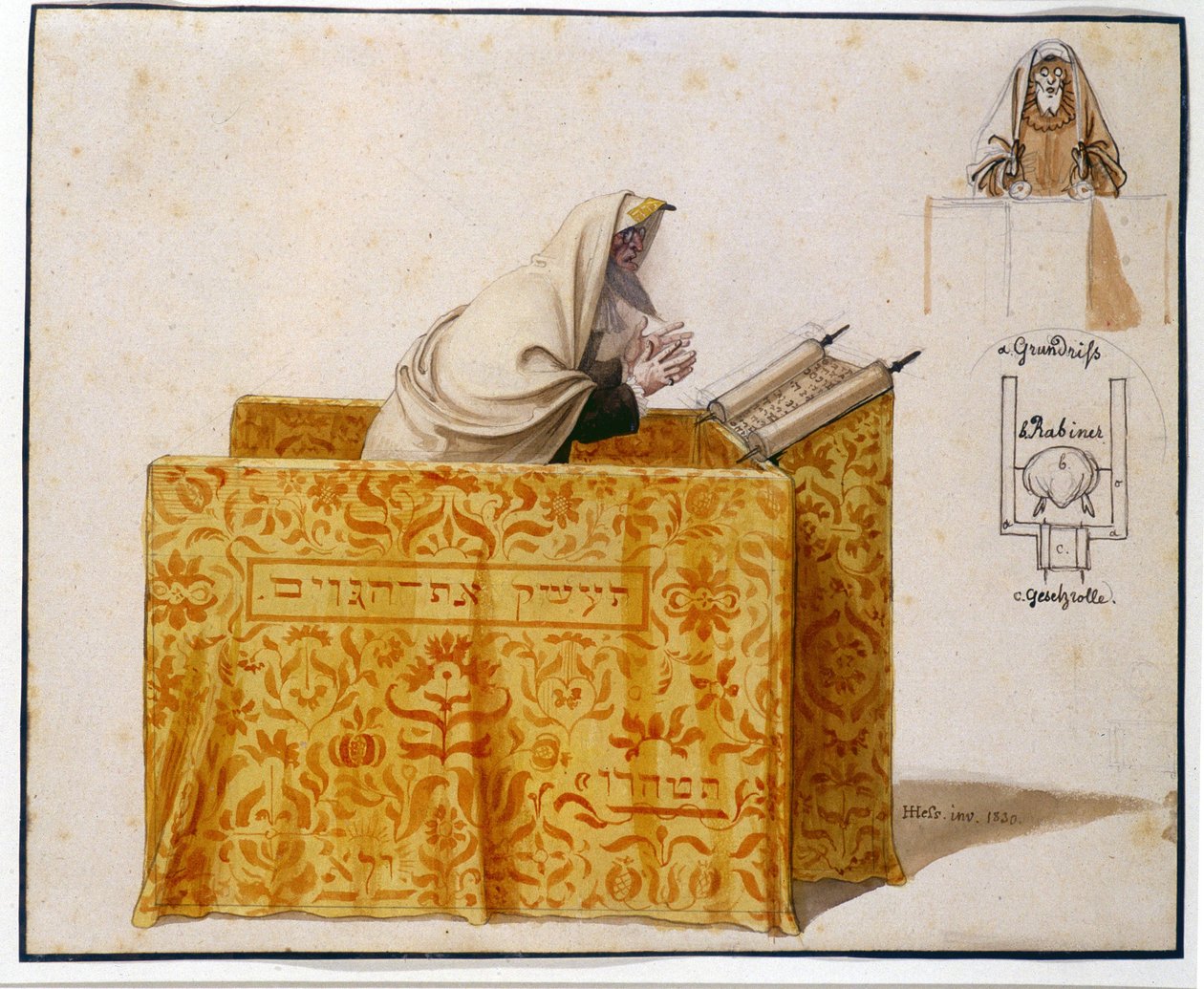 Akvarel, fjer, 27 x 33 cm. Rabbiner i en synagoge, tegning af Hieronymus Hess (1799 - 1850), projekt for figur. (JM 1190) Jødisk Museum Basel, Schweiz. af Hieronymus Hess