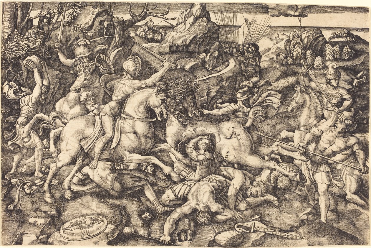 Kamp mellem ryttere og fodsoldater af Hieronymus Hopfer after Raphael