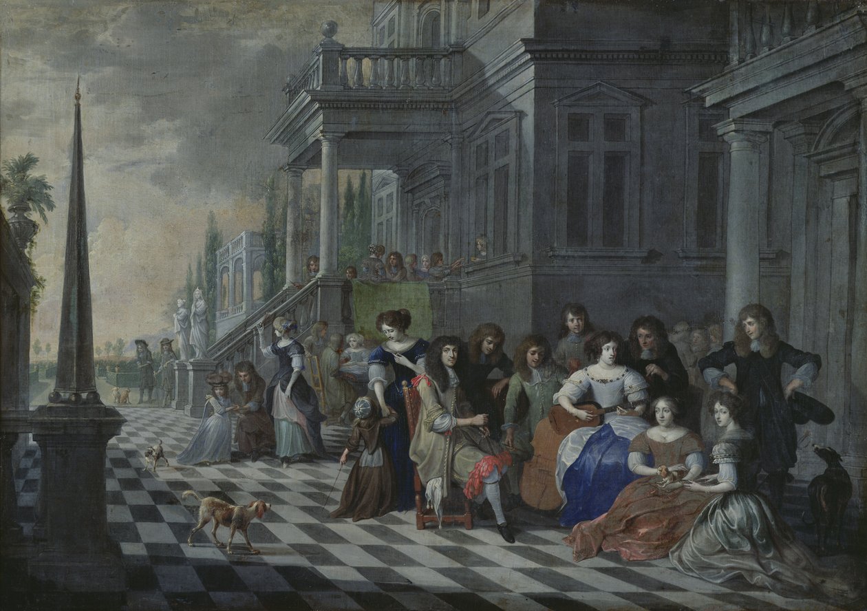 Karakterer, der laver musik foran et palads, 1672 af Hieronymus Janssens