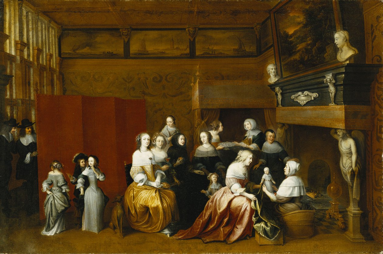 Damer, der fejrer et barns fødsel, og herrer, der ser på bag en skærm, i et interiør, af Hieronymus Janssens