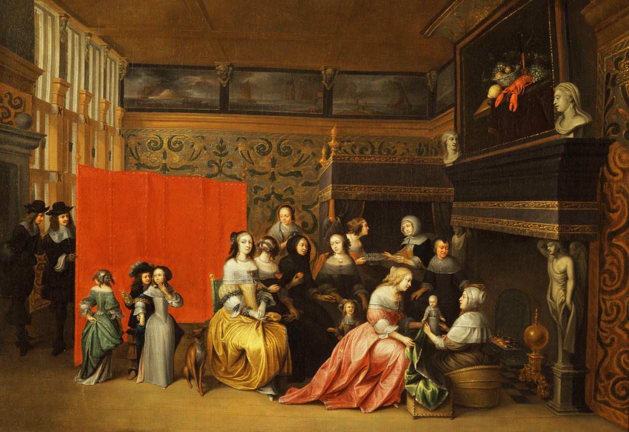Damer, der fejrer et barns fødsel i en elegant Boudoir, af Hieronymus Janssens