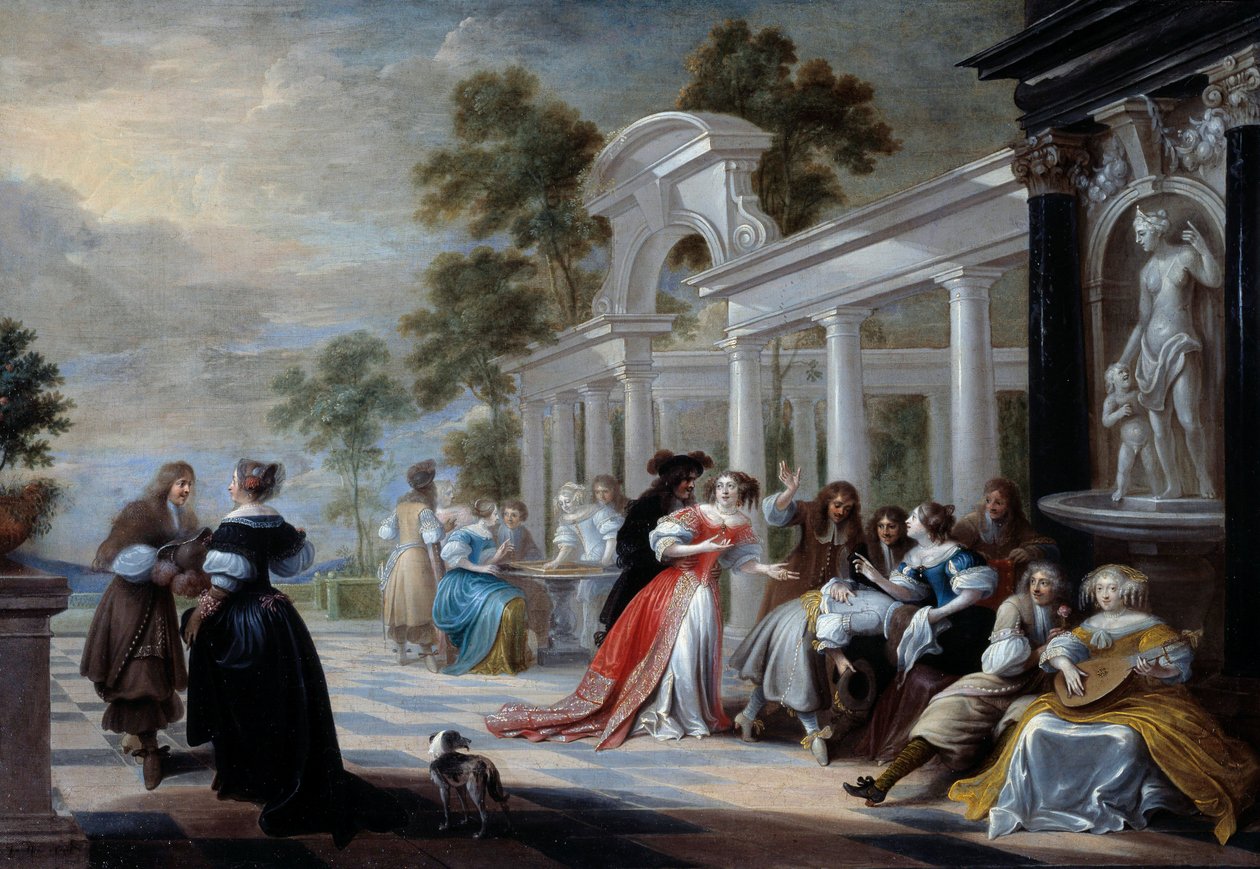 Spillet Hot Hand Unge fra den flamske adel, der leger i en park. Maleri af Hieronymus Janssens dit le Dancer (1624-1693) 1600-tallet søn. 0,58x0,83 m af Hieronymus Janssens