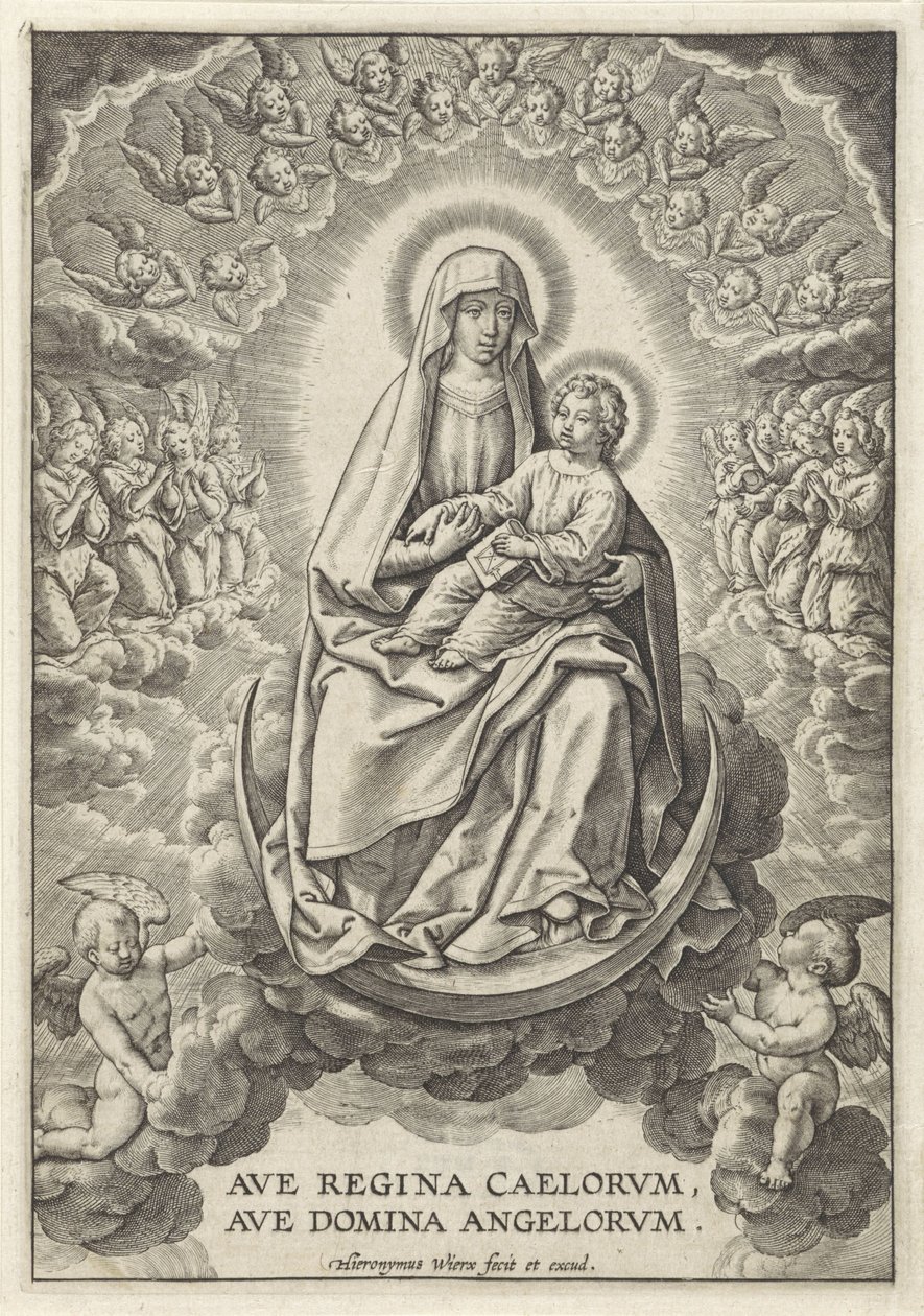 Maria med Kristusbarnet på Halvmånen Ave Regina Caelorum, Ave Domina Angelorvm (titel på objekt) af Hieronymus Wierix