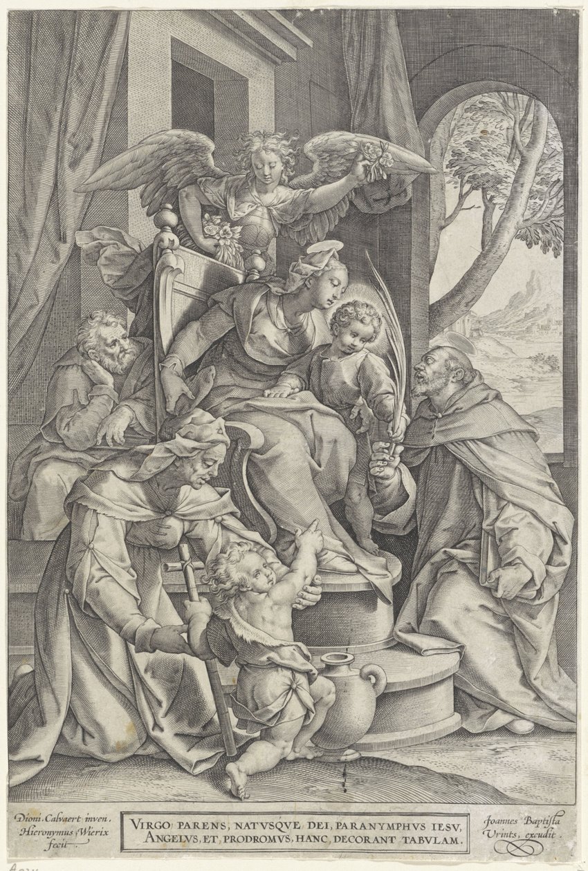Hellig familie med Elizabeth og Johannes Døberen, efter Denys Calvaert, 1563 - før 1611 af Hieronymus or Jerome Wierix