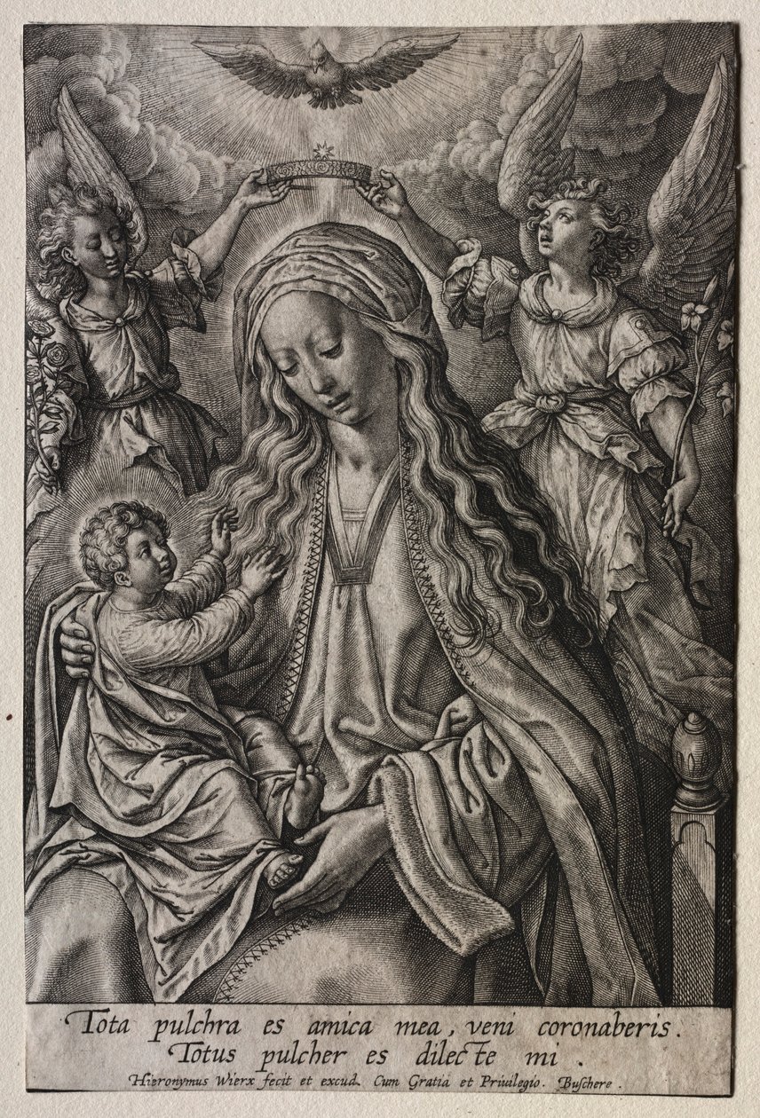 Jomfru kronet af to engle. af Hieronymus or Jerome Wierix