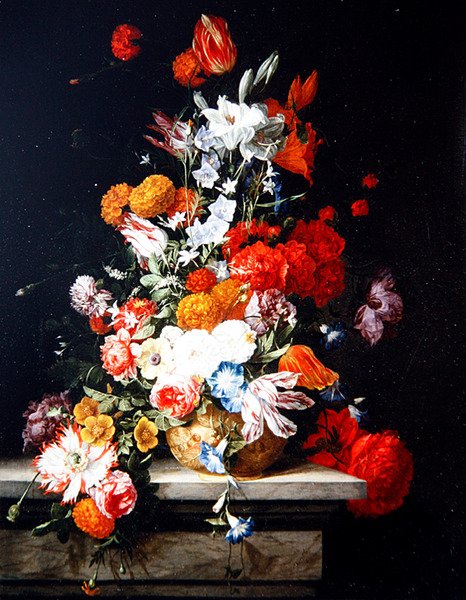Blandede blomster i en forgyldt vase (olie på panel) af Hieronymus the Elder Galle