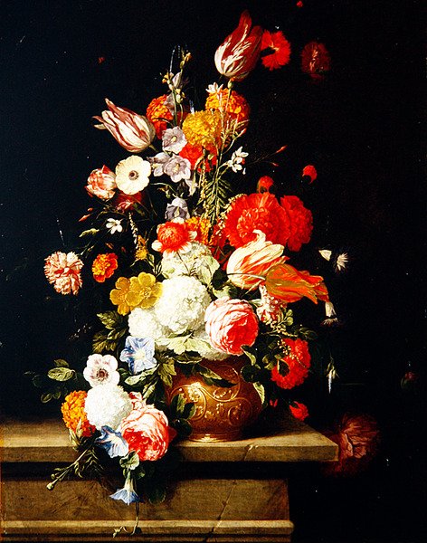 Roser, pæoner, tulipaner og hortensia i en dekorativ bronzeurne (olie på panel) af Hieronymus the Elder Galle