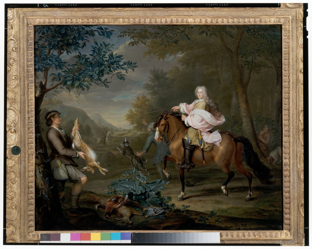 En herre til hest med jægere i et vidtstrakt landskab af Hieronymus van der Mij