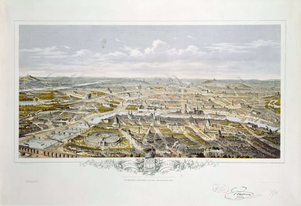 Udsigt over Paris fra Bois de Boulogne, under verdensudstillingen i 1867 (farvegravering) af Hilaire Guesnu