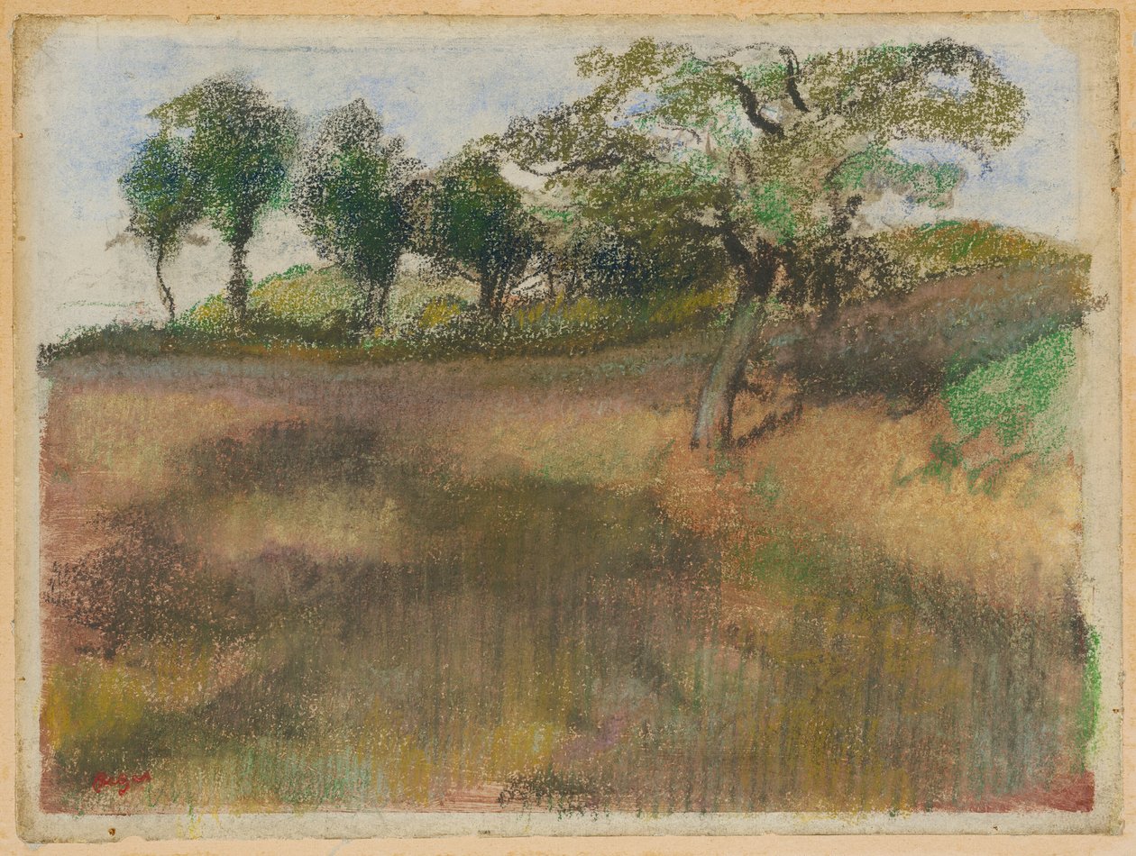 Pløjet mark omgivet af træer af Hilaire Germain Edgar Degas