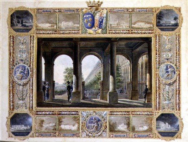Palais Royal, Paris, omgivet af vignetter fra Charles Ferdinands barndomsboliger, hertugen de Berry (1778-1820) og hans kone Maria Caroline af Bourbon (akvarel på papir) af Hilaire Thierry