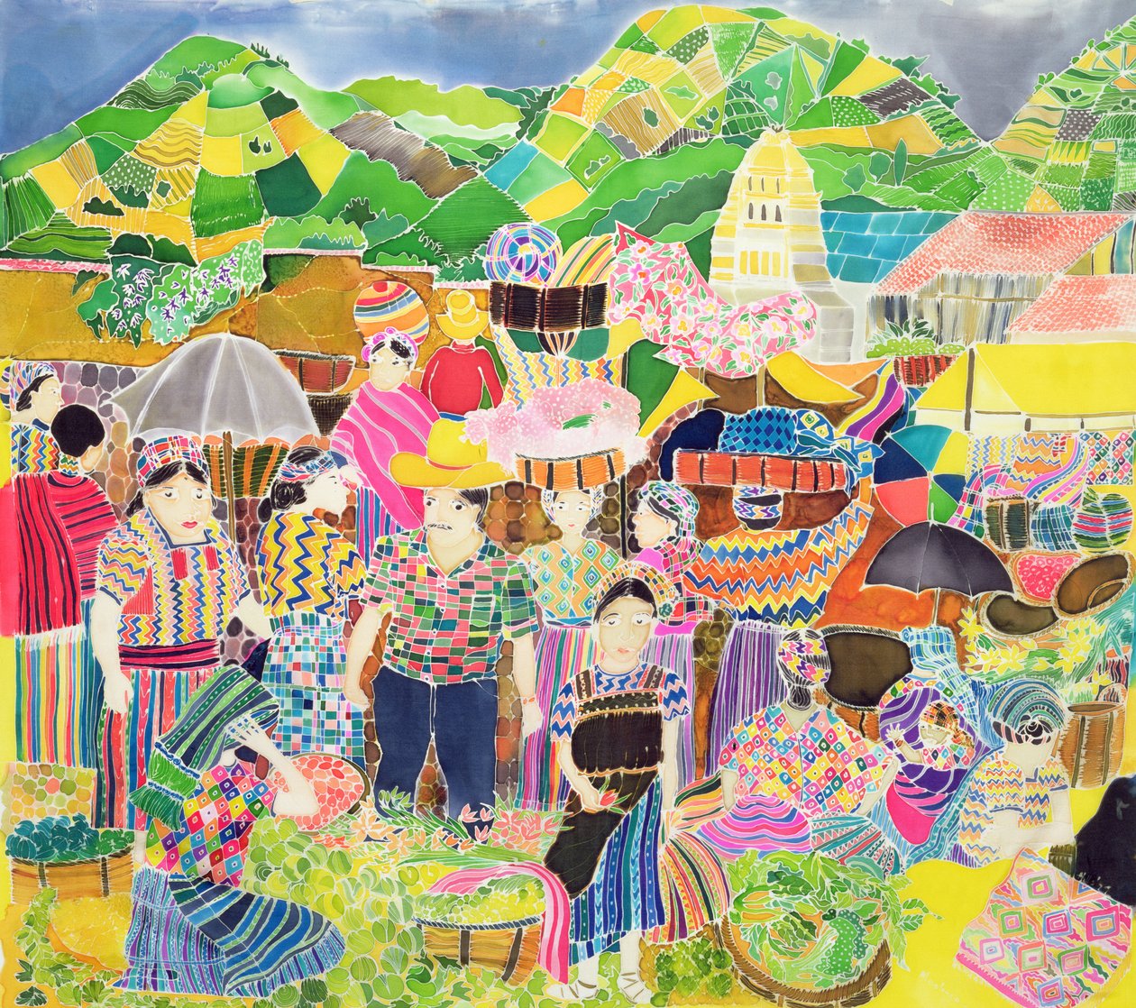 Almolonga Market (farvet blæk på silke) af Hilary Simon