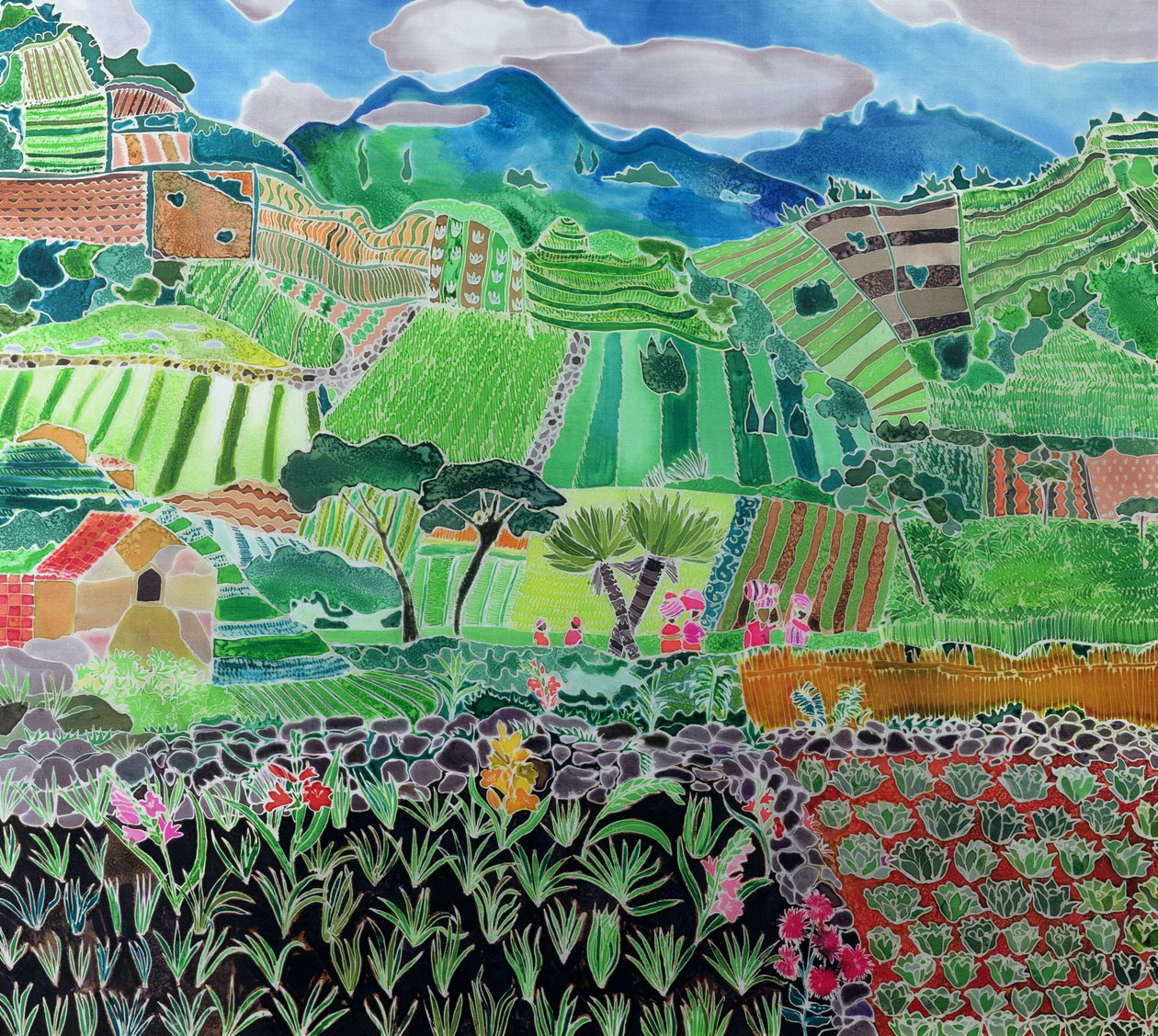 Kål og liljer, Solola-regionen, Guatemala, 1993 (farvet blæk på silke) af Hilary Simon