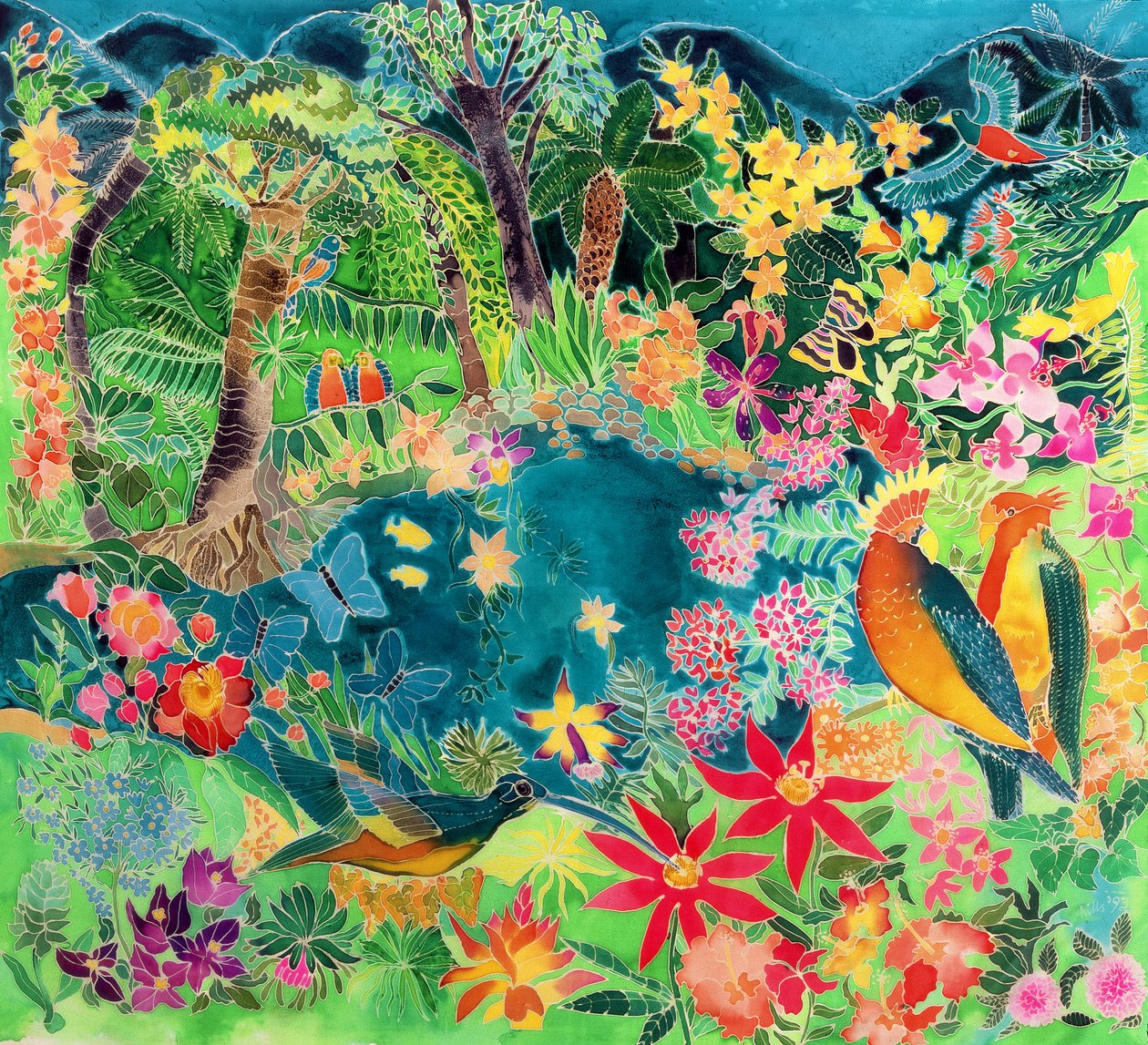 Caribbean Jungle, 1993 (farvet blæk på silke) af Hilary Simon