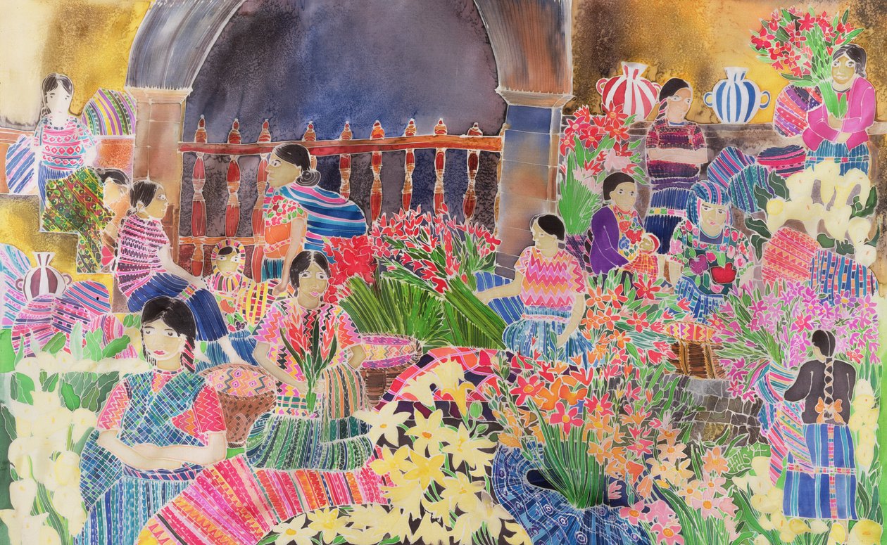 Chichicastenango, markedsdag (farvet blæk på silke) af Hilary Simon