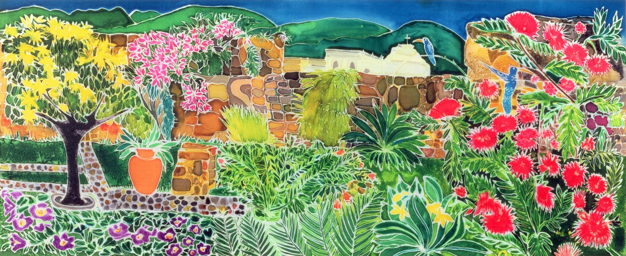 Convent Gardens, Antigua, 1993 (farvet blæk på silke) af Hilary Simon