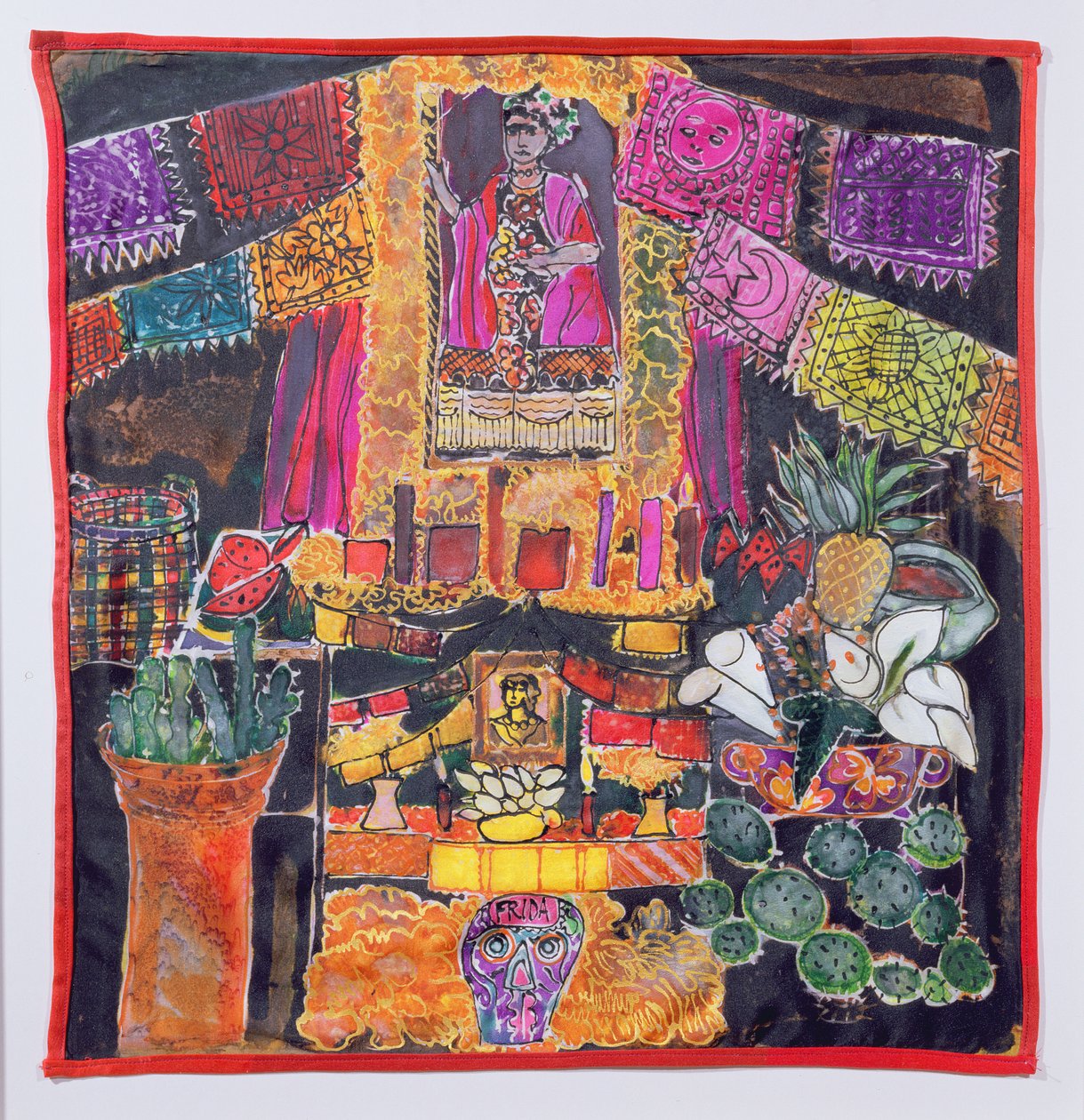 Frida Kahlo (1910-54) Helligdom, 2005 (farver på silke) af Hilary Simon