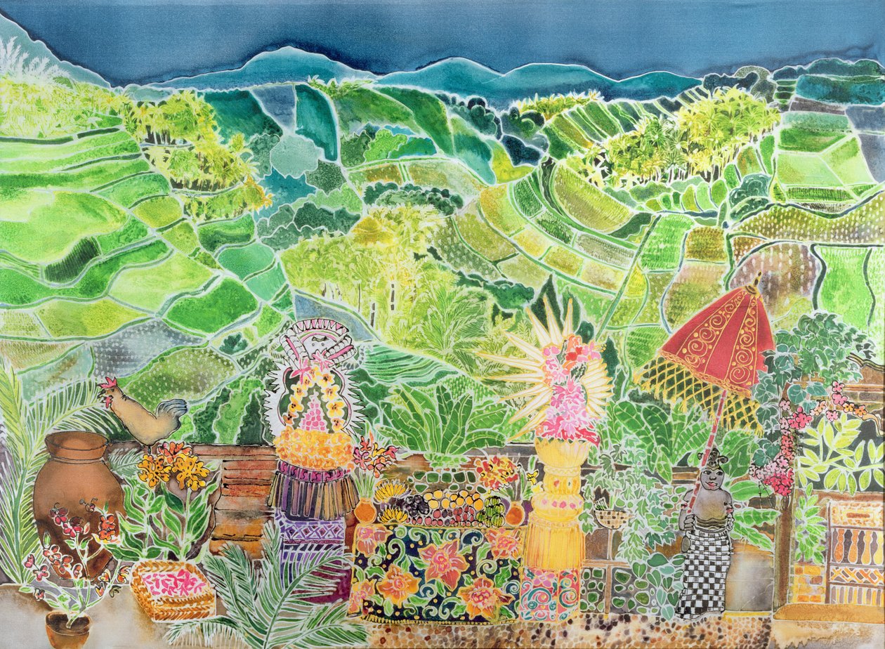 Kedewatan, Bali, 1997 (farvet blæk på silke) af Hilary Simon