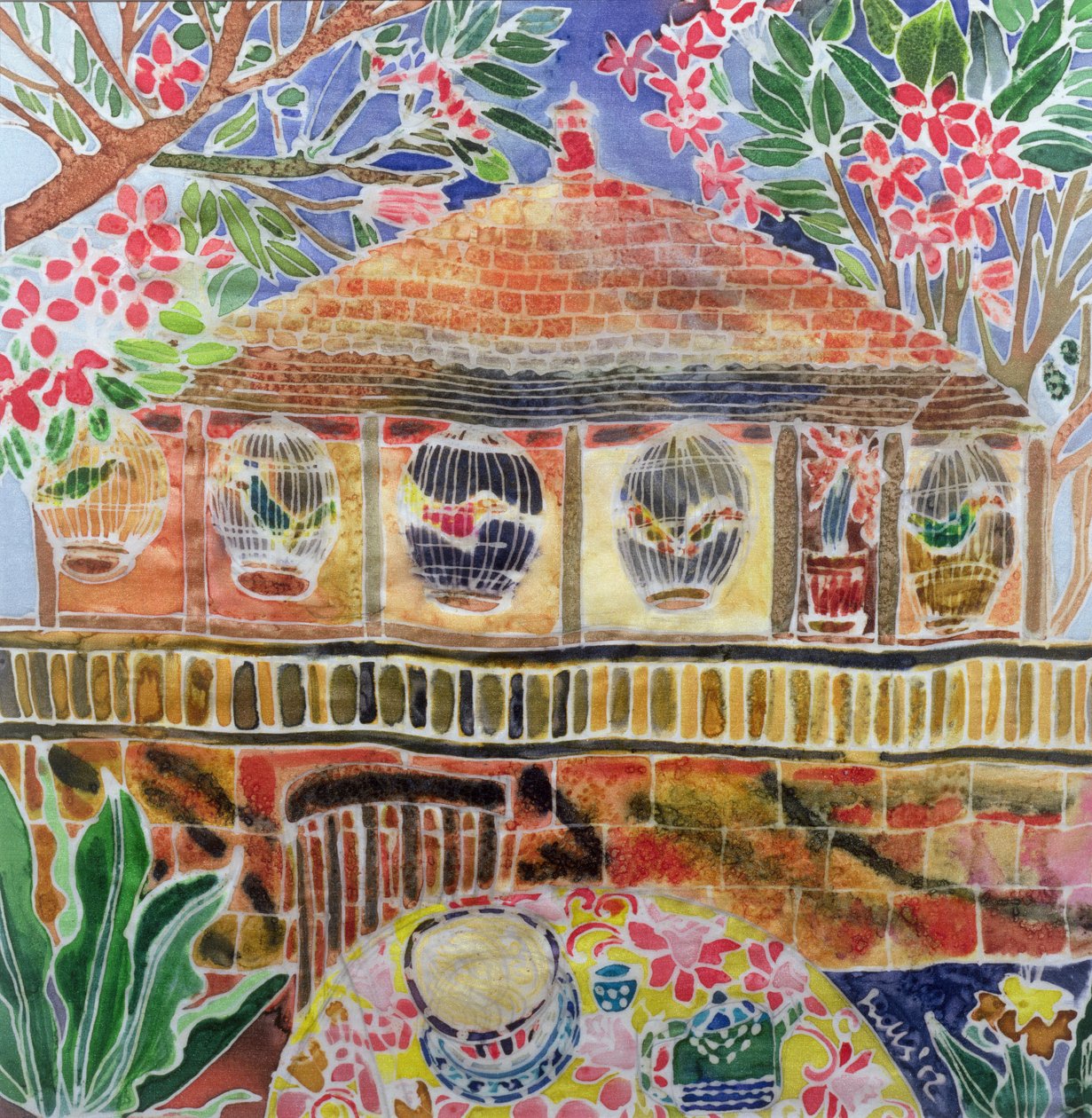 Lotus Cafe, Ubud, Bali, 2002 (farvet blæk på silke) af Hilary Simon