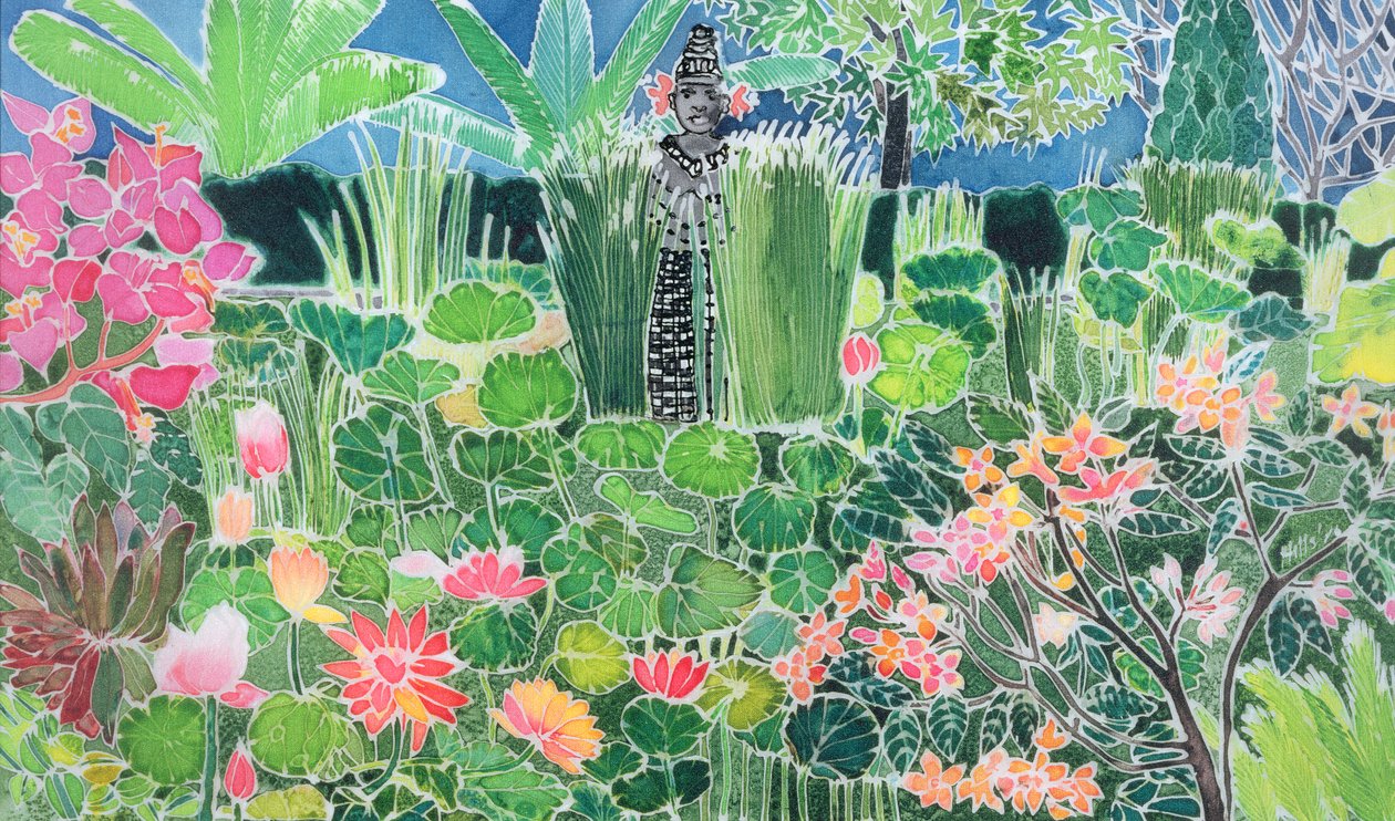 Lotus Pond, Ubud, Bali, 1997 (farvet blæk på silke) af Hilary Simon