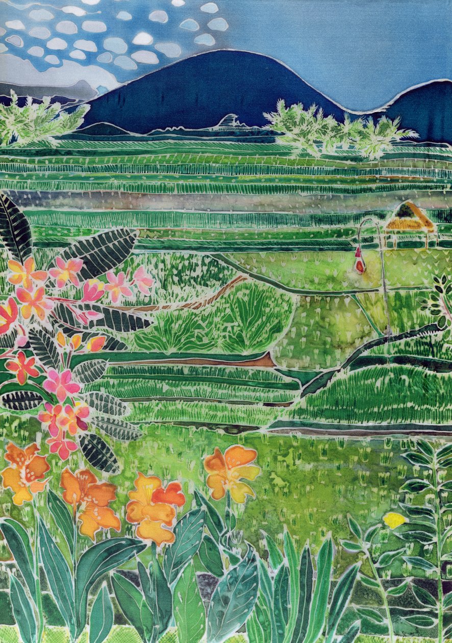 Lovina Ricefields with Lilies and Frangipani, Bali, 1996 (farvet blæk på silke) af Hilary Simon