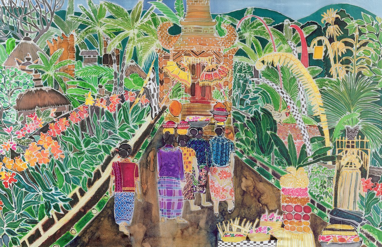 Procession, Peliatan, Bali, 1996 (farvet blæk på silke) af Hilary Simon