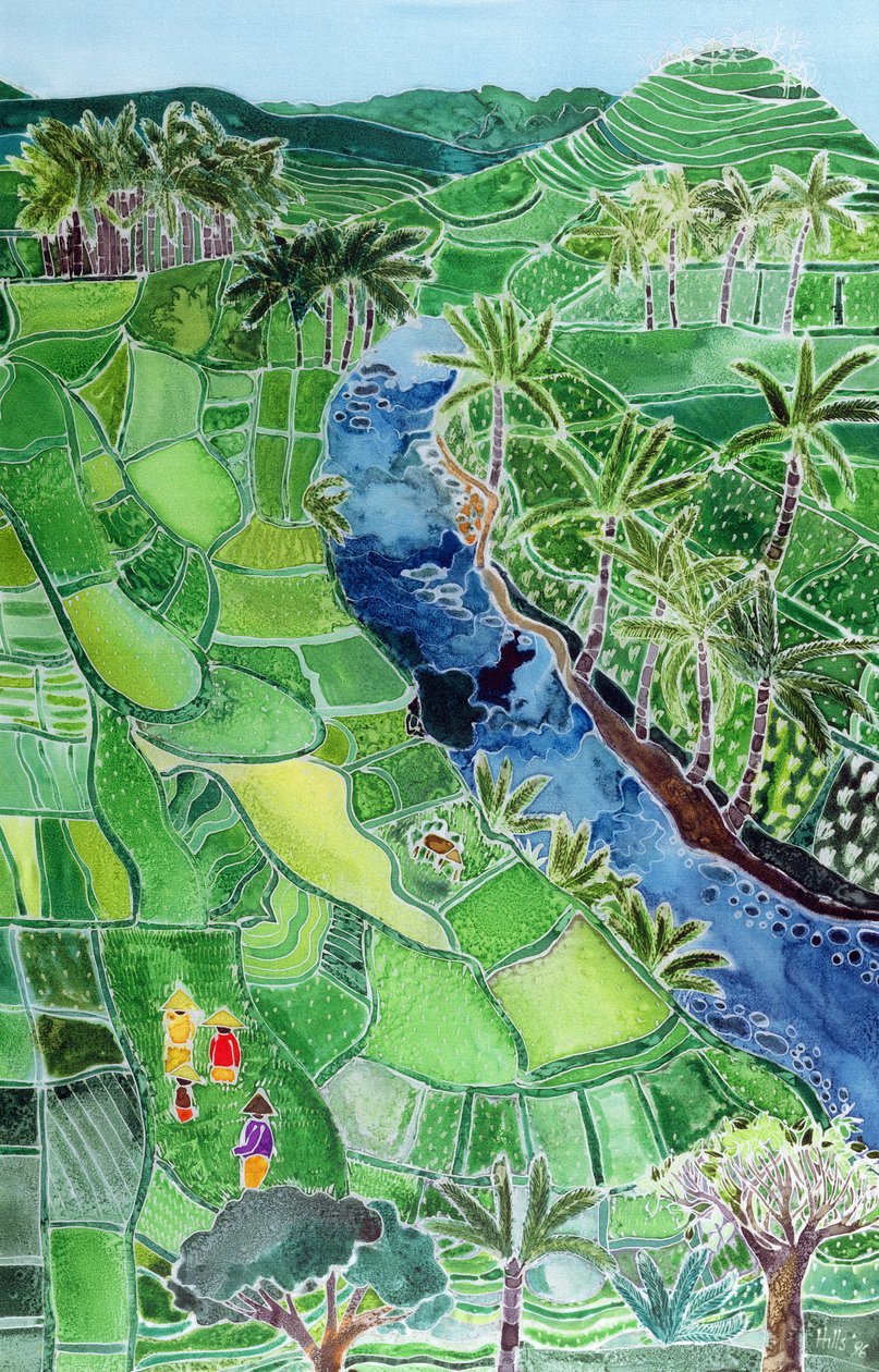 River Agung, Bali, 1996 (farvet blæk på silke) af Hilary Simon