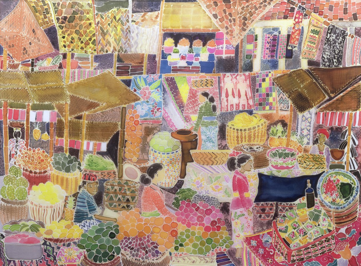 Ubud Market, Bali, 2002 (farvet blæk på silke) af Hilary Simon
