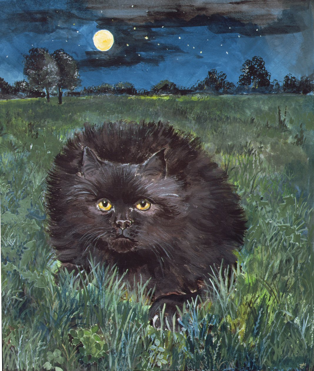 Katten og månen (akryl på papir) af Hilary Jones