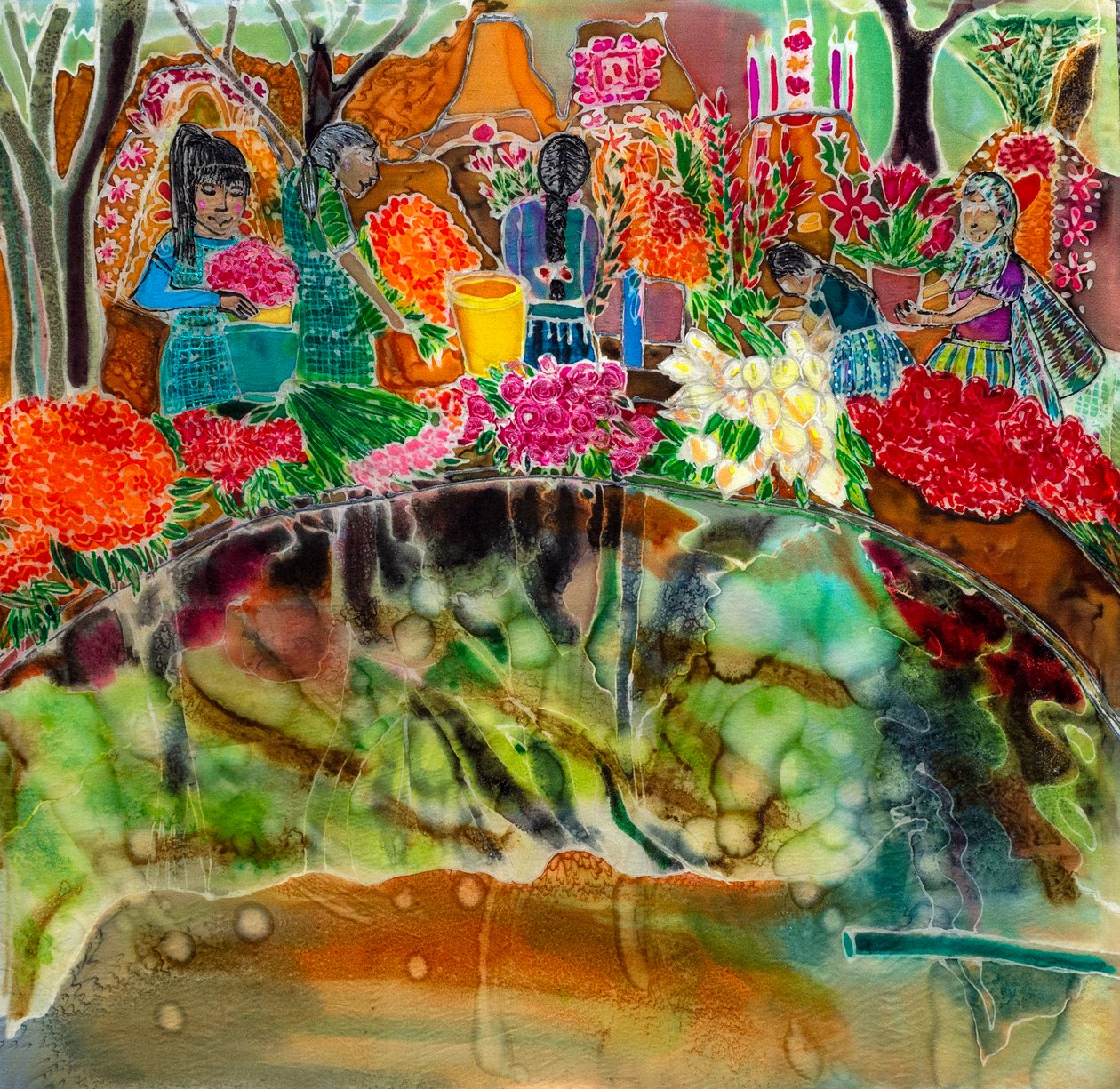 Påklædning af gravene, de dødes dag, Oaxaca, 2023 (farver på silke) af Hilary Simon