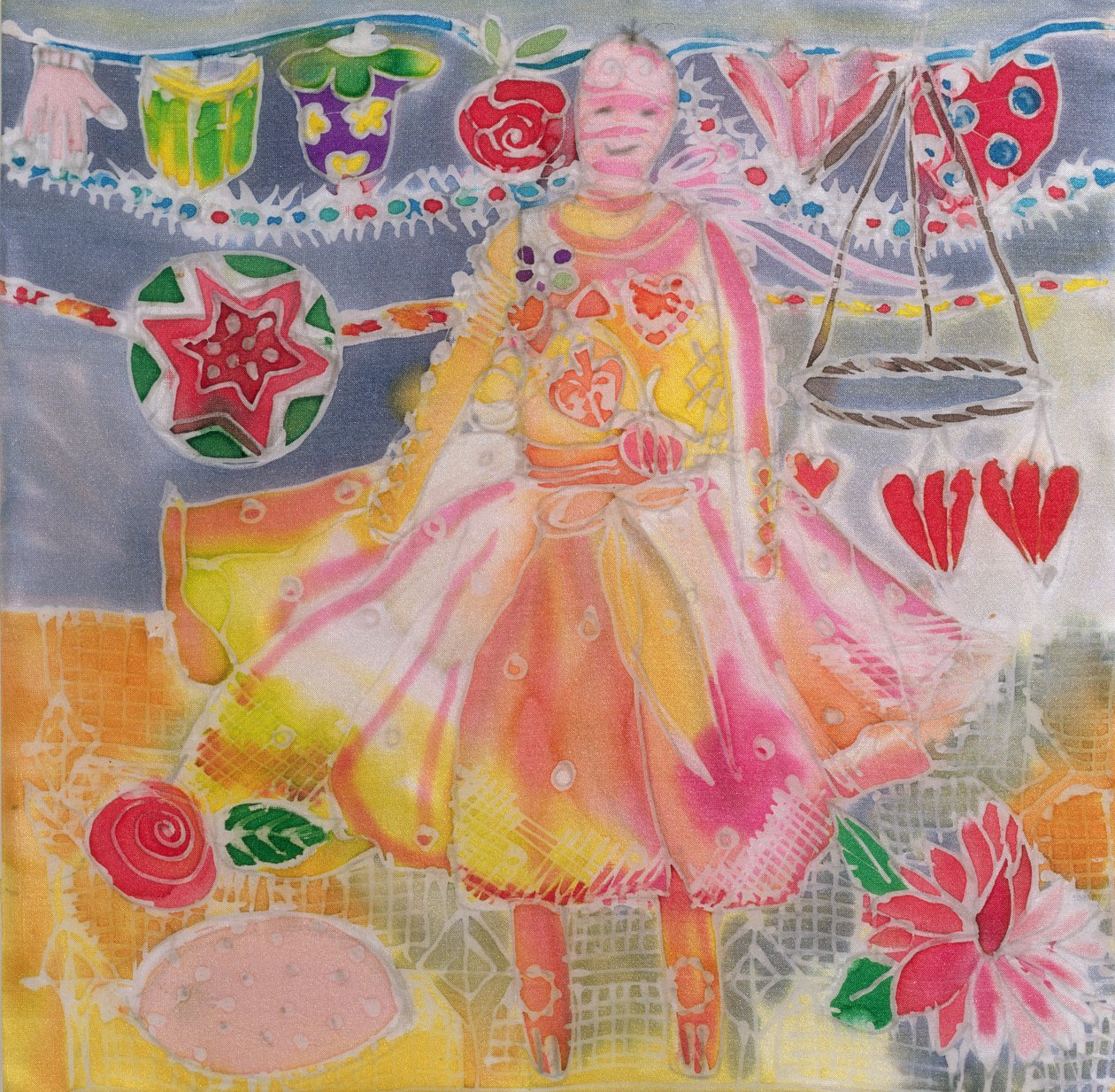 Fe med hjerter og blomster, 2006 (farvestoffer på silke) af Hilary Simon