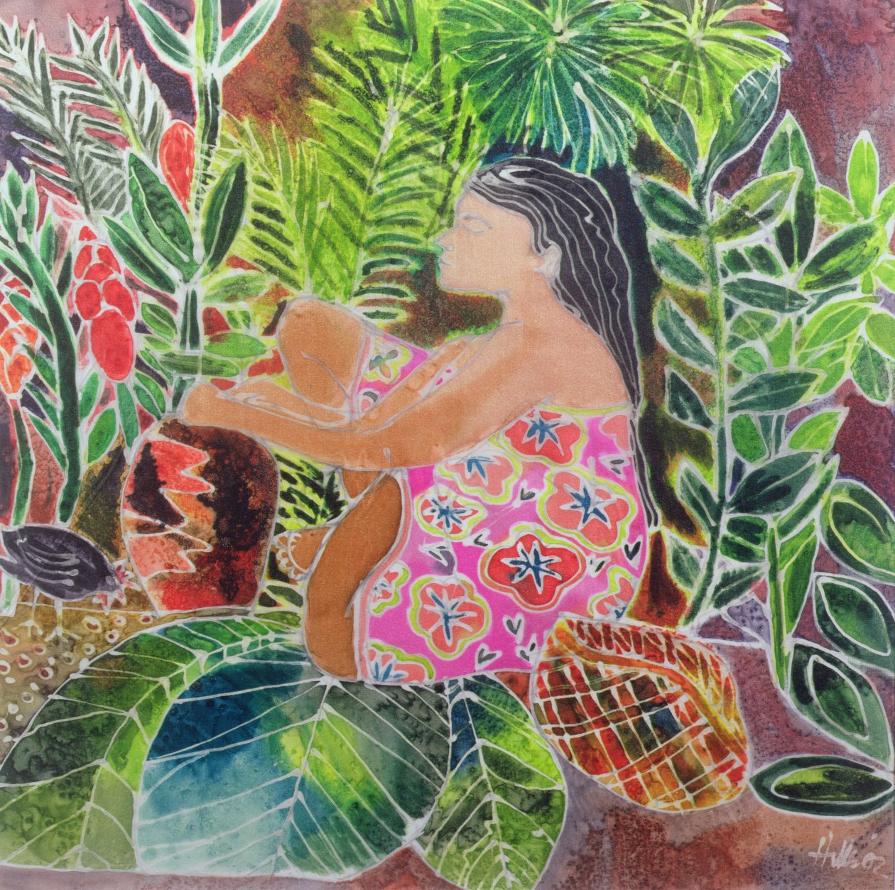 Potter in the Tropics (farvet blæk på silke) af Hilary Simon