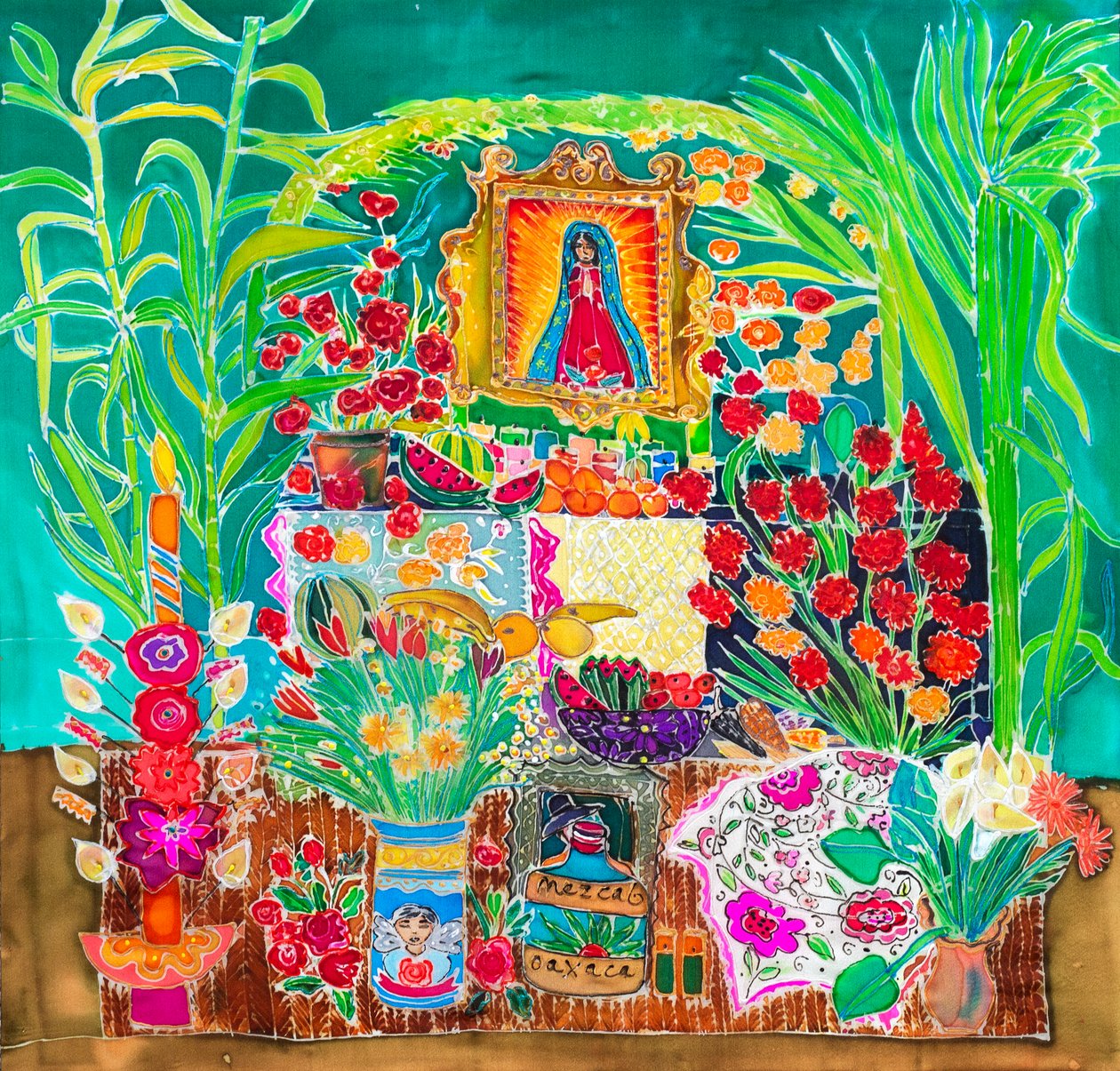 Helligdom, de dødes dag, Oaxaca, 2023 (farver på silke) af Hilary Simon