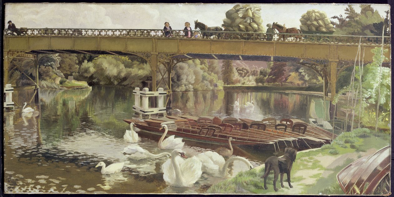 Swans, Cookham Bridge (olie på lærred) af Hilda Carline
