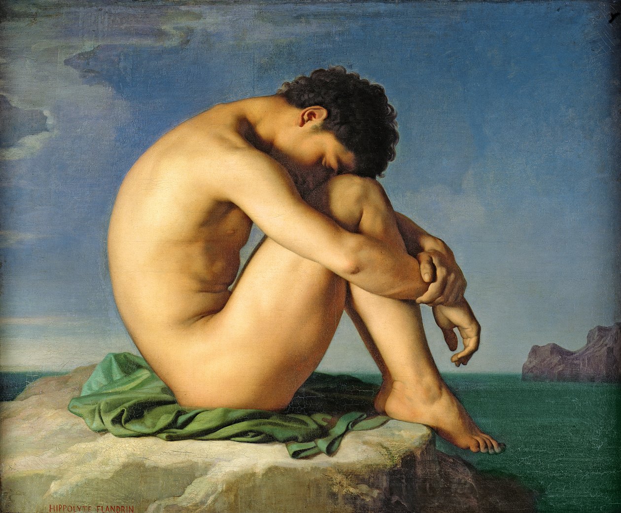 Nøgen ung mand sidder ved havet, 1836 af Hippolyte Flandrin