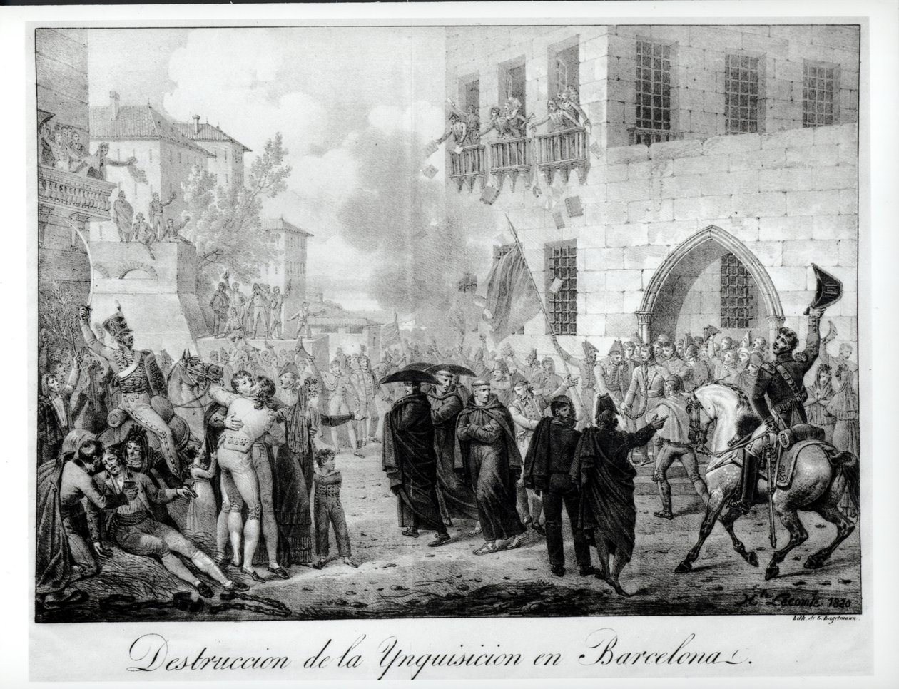Ødelæggelse af inkvisitionen i Barcelona, 10. marts 1820, indgraveret af Godefroy Engelmann (1788-1839) af Hippolyte Lecomte